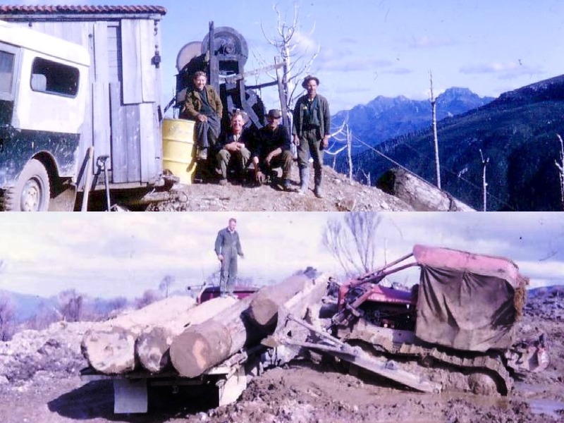 A composite of two historical images: one of men on a mountaintop the other of a man standing on large logs on a truck.