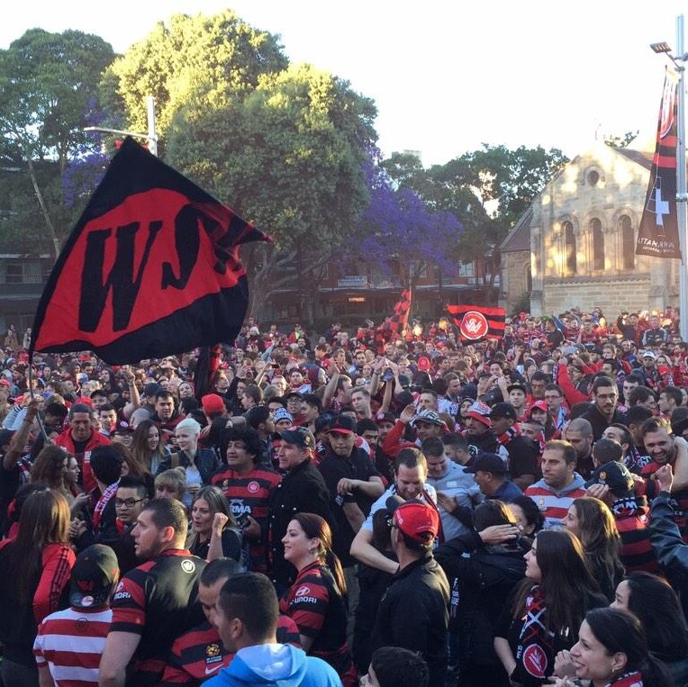 Hundreds of Western Sydney Wanderers fans in Parramatta celebrate a win