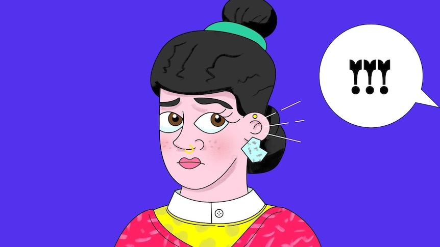 Illustration of a woman looking upset at a speech bubble with exclamation marks indicating a racist remark directed at her.