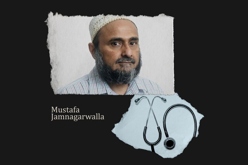 A collage graphic with a torn photo of Mustafa Jamnagarwalla and a picture of a stethoscope.