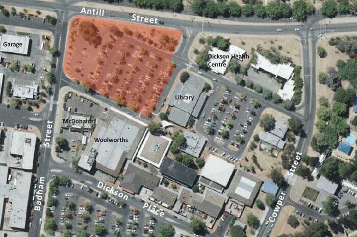 Aerial view of the proposed development site on the existing Woolworth's car park at Dickson shops.