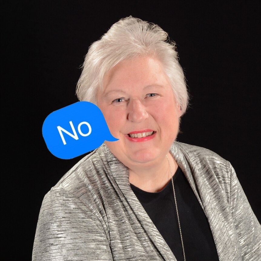 A woman smiles against a black background while a text bubble saying no appears beside her