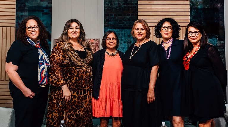 'We Say No More' panel (from L-R) Marlene Longbottom Ashlee Donohue Sandra Creamer Jody Currie Dr Vanessa Lee Rhoda Roberts AO.