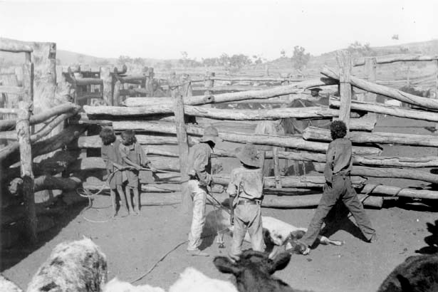 Archival photo of young children working in a cattle yard.