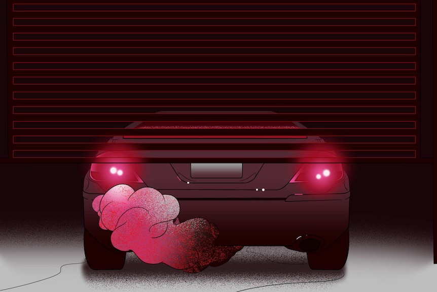 An illustration shows a car behind a roller door, its lights and engine on.