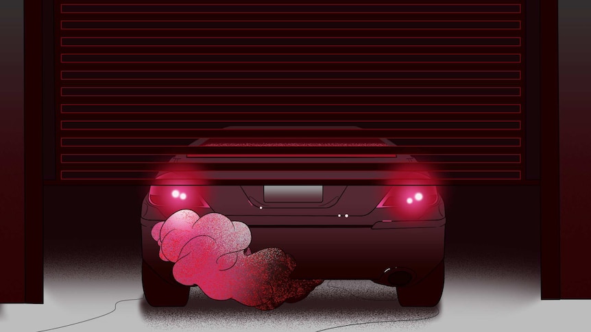 An illustration shows a car behind a roller door, its lights and engine on.