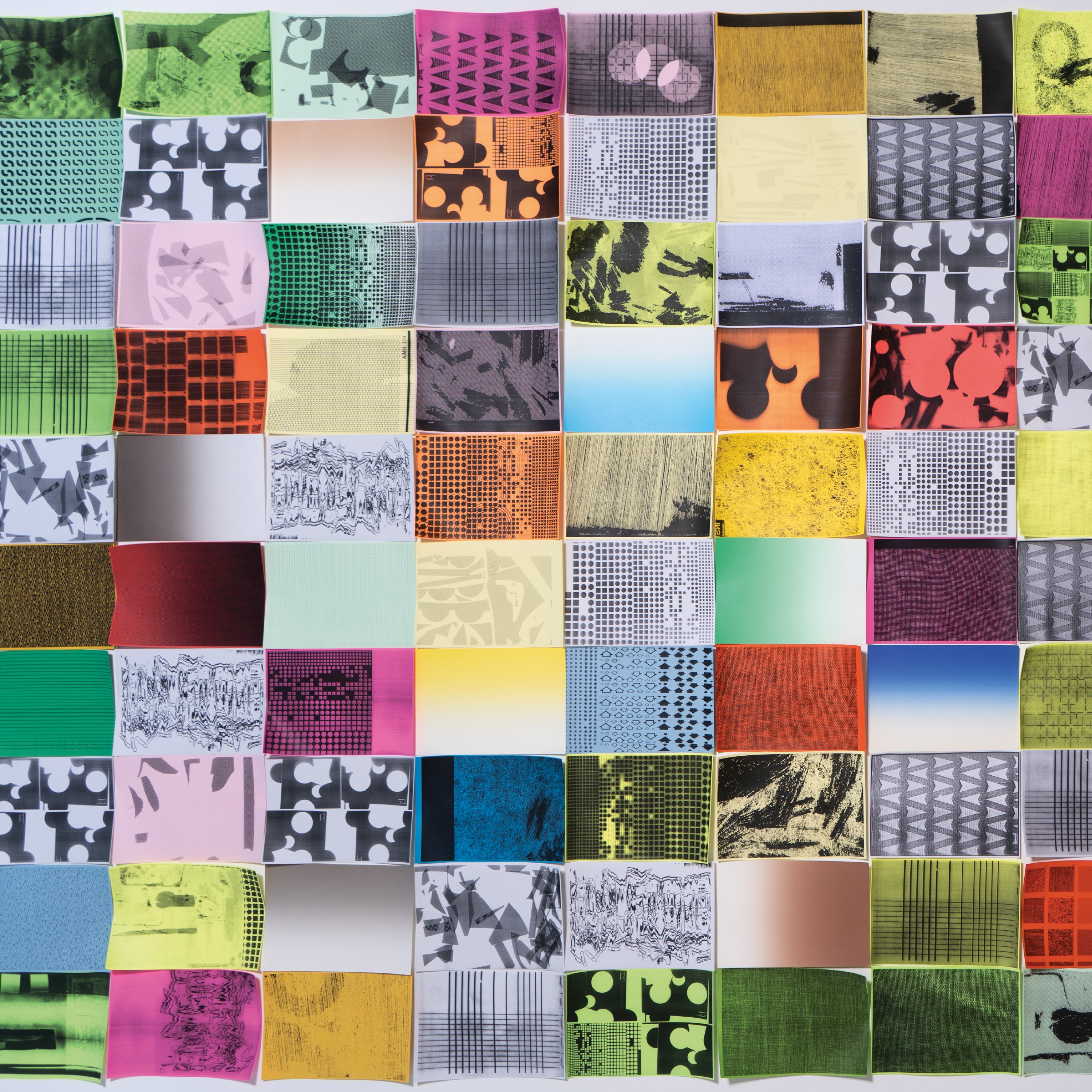 Collage of 10x8 coloured squares with textured images, shadows and drawings.
