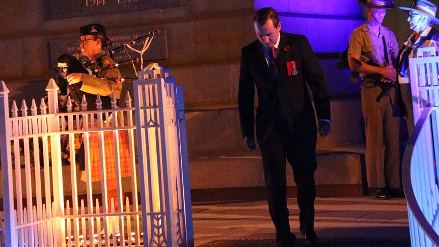 Premier Mark McGowan at the Kings Park war memorial during the Anzac Day dawn service.