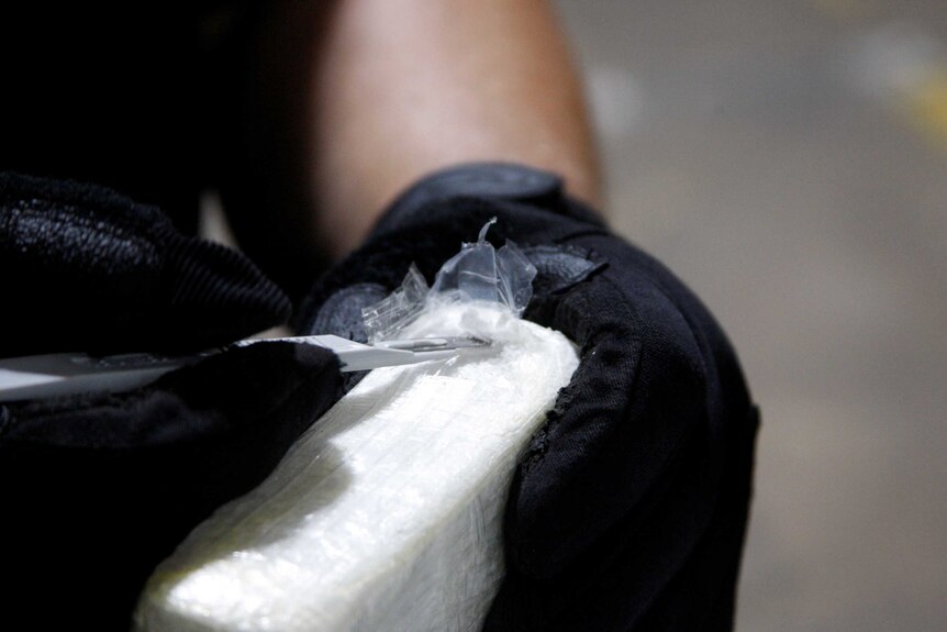 An agent wearing black gloves cuts open a brick of cocaine.