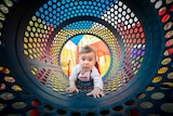 Young boy climbs through a tunnel in a children's playground.