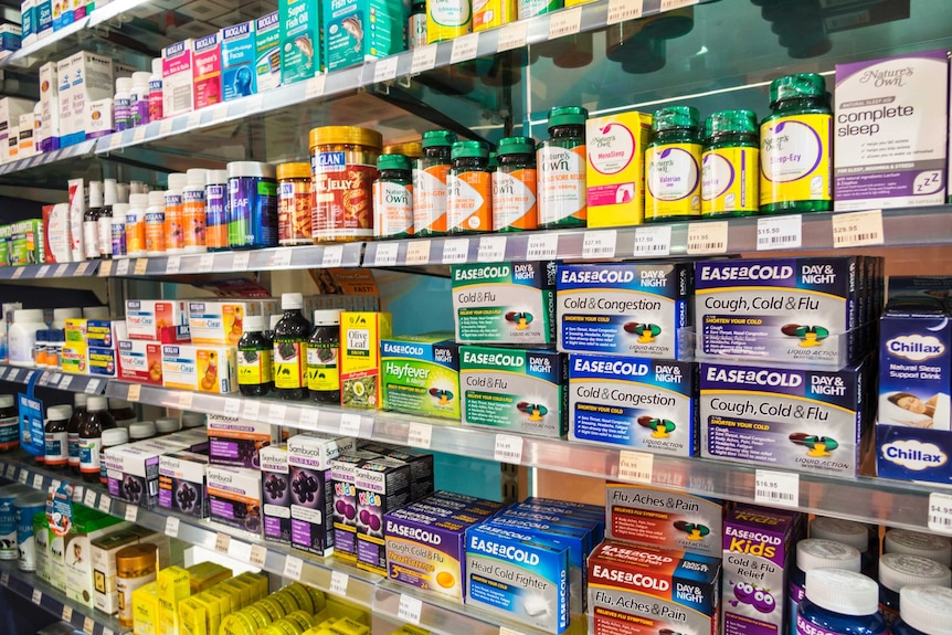 Shelves in a pharmacy.