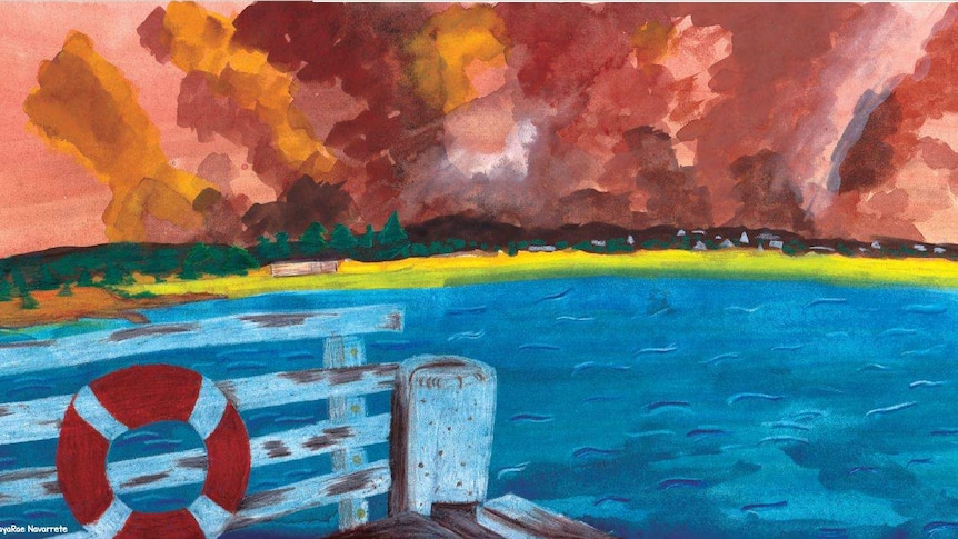 Artwork shows flames and a red sky behind the beach, seen from the jetty.
