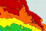 BOM sweat-o-meter, a Queensland map showing different colours and heatwave conditions, 