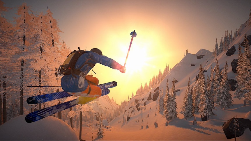 A video game screen capture where a skier is jumping from a hill of snow.