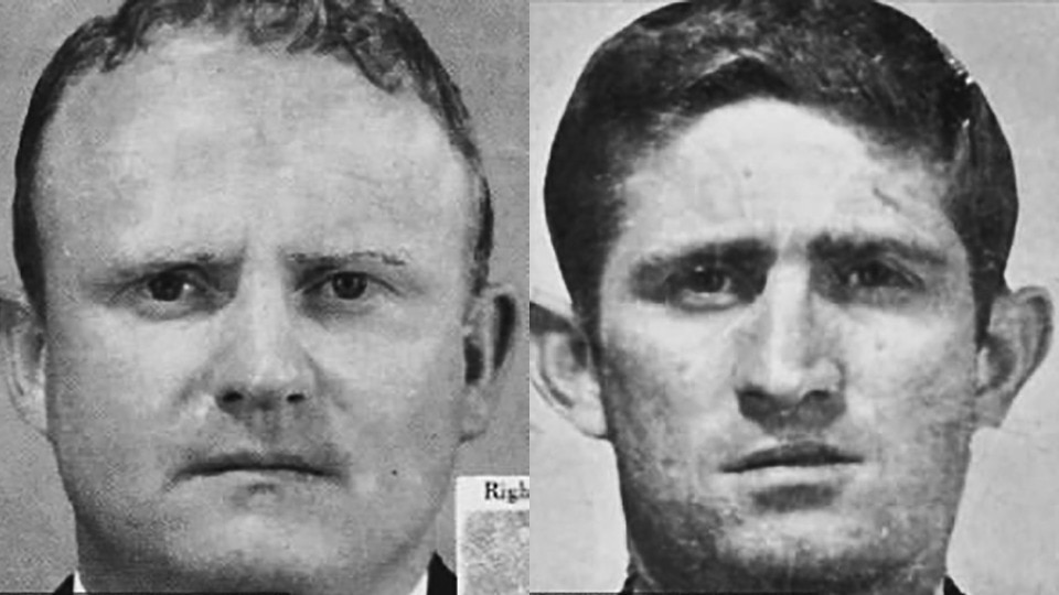 A composite of two black and white photos of two unsmiling, tough-looking men, one has protruding ears.
