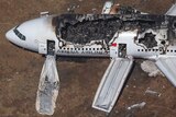 Aerial view of burnt-out Boeing 777 at San Francisco airport