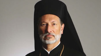 Portrait of Serbian Bishop Irenj Dobrijevic wearing Orthodox robes.