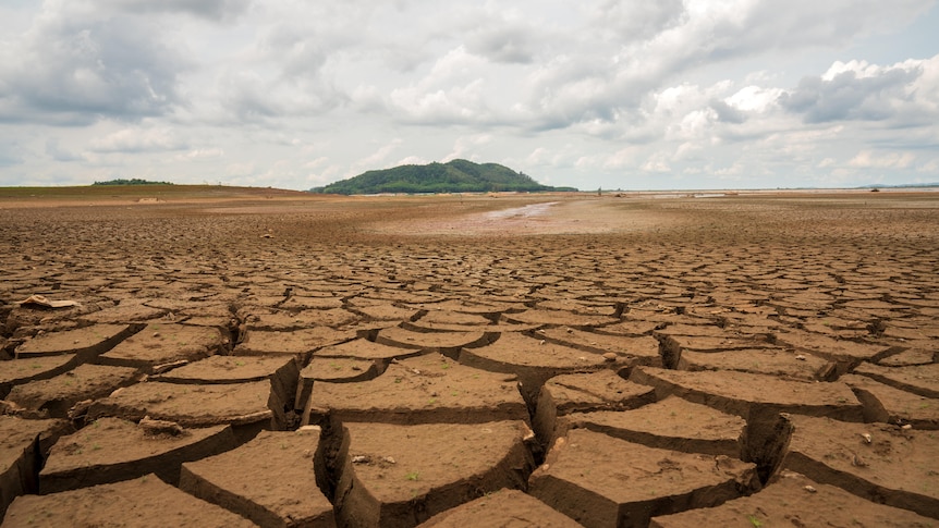 A cracked and barren desert landscape with a small hill in the distance