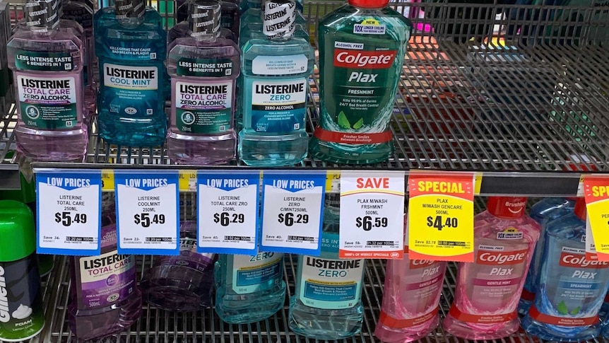 Mouthwash on a supermarket shelf
