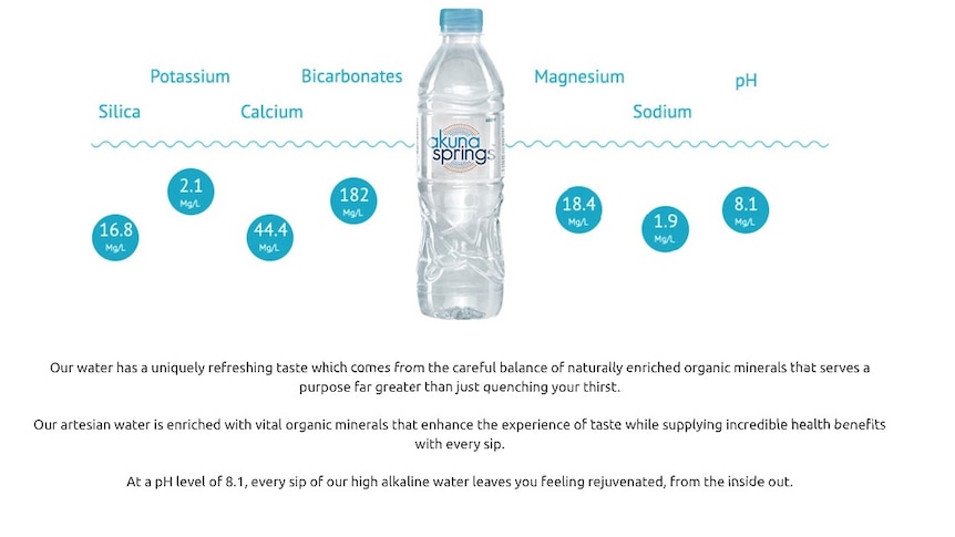 A screenshot of the webpage that claimed Akuna Springs water held a range of health benefits