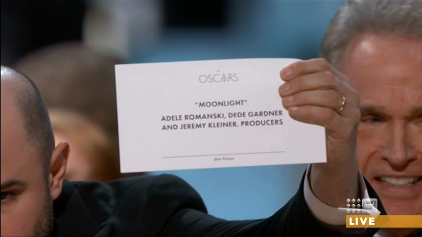 The real Best Picture card showing Moonlight is the winner at the Oscars.