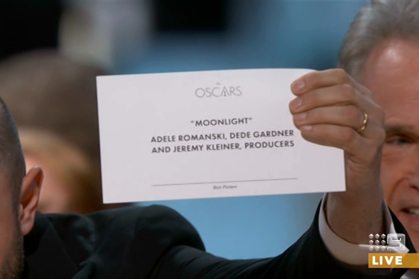 The real Best Picture card showing Moonlight is the winner at the Oscars.