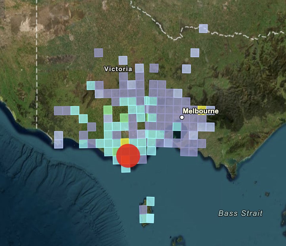 A view of Victoria with felt reports from an earthquake represented by colourful squares.