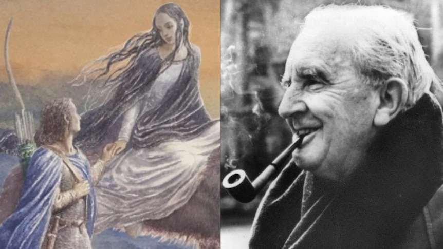 A composite image of the cover of JRR Tolkien's novel Beren and Luthien, and the author smoking a pipe.