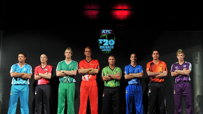 The Big Bash League skippers pose at the launch of the league in Sydney on July 27, 2011