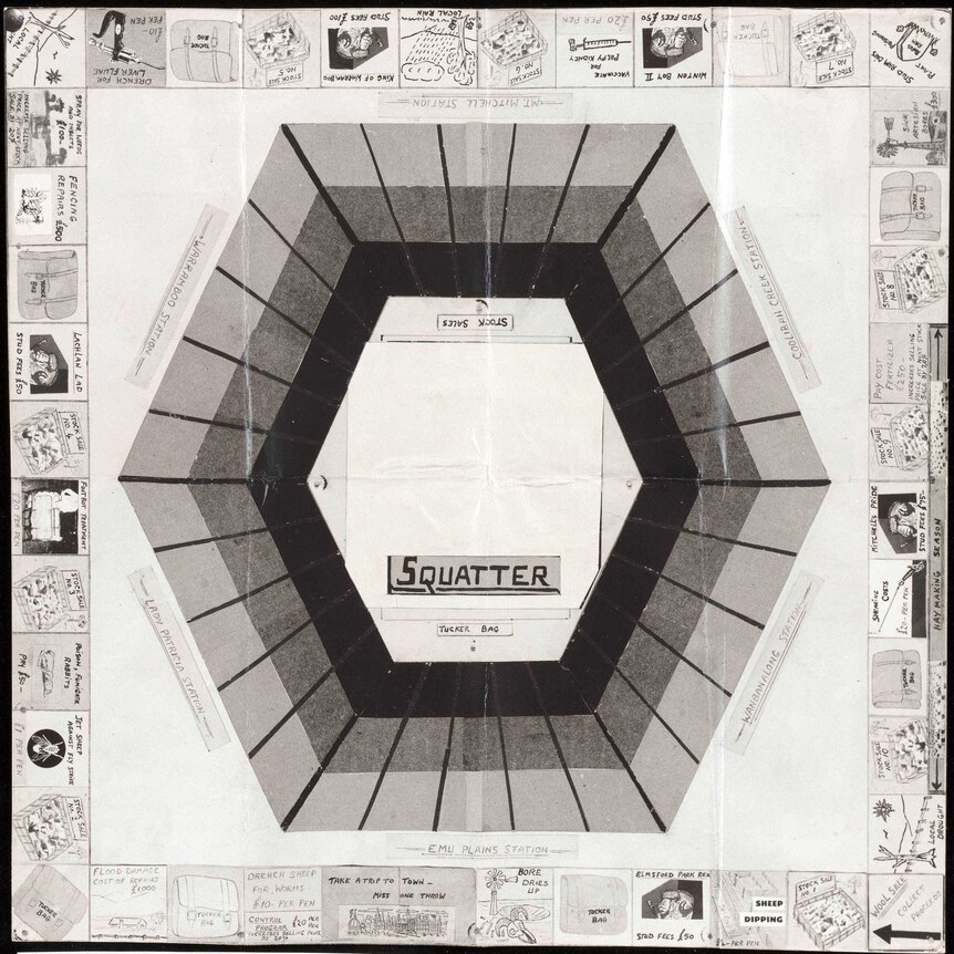 The Squatter board game with a hexagon shape in the middle and illustrated squares along the sides.
