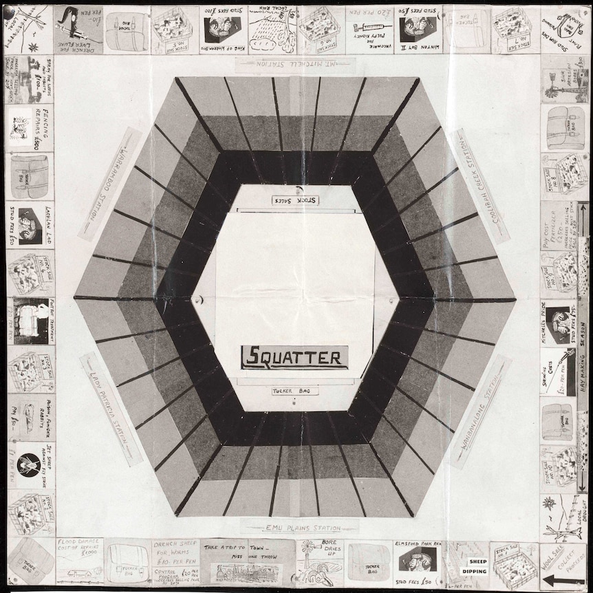 The Squatter board game with a hexagon shape in the middle and illustrated squares along the sides.