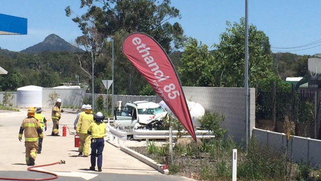 Crashed Channel 7 news car at service station near Eumundi on Qld's Sunshine Coast