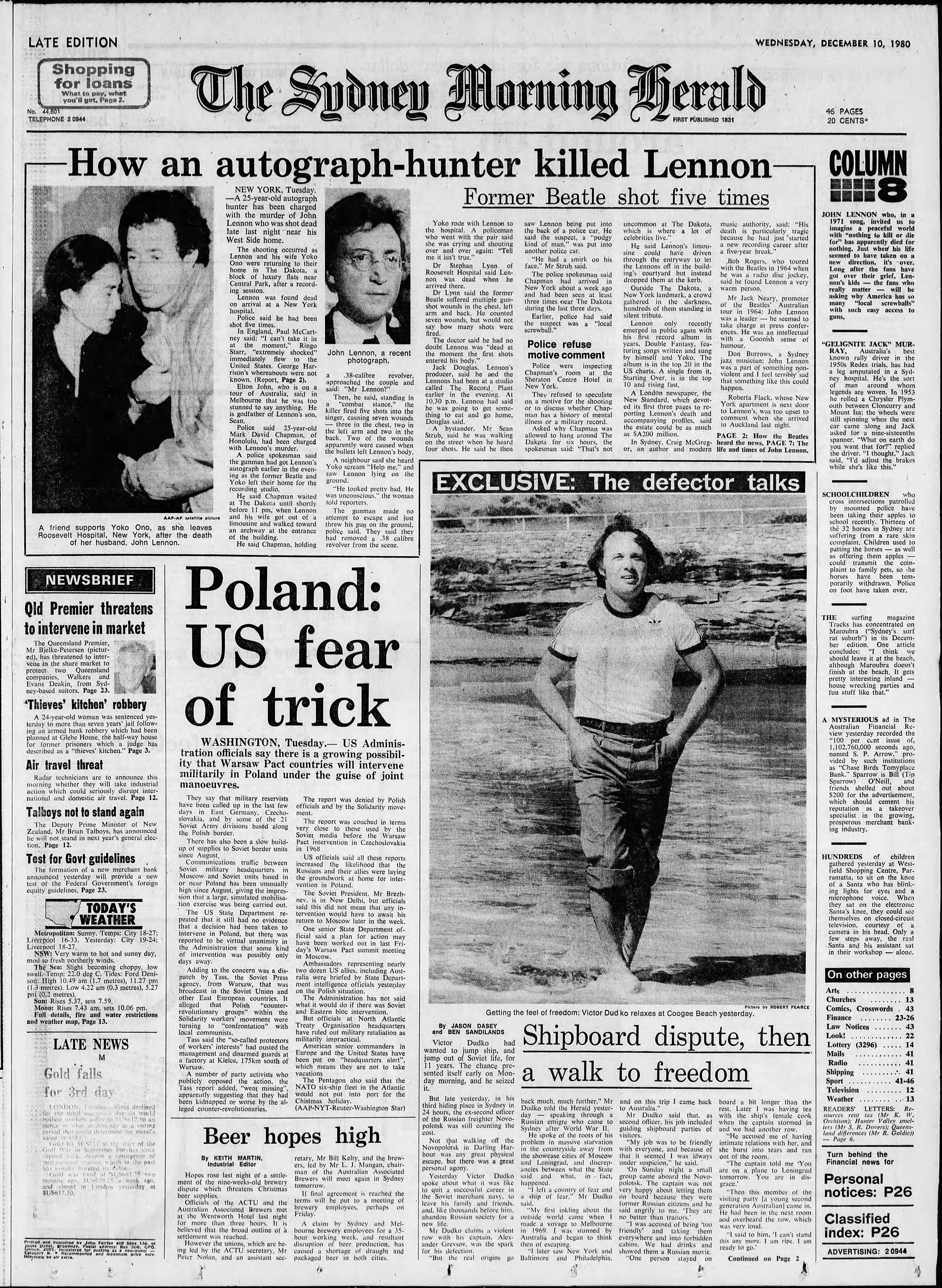 News of the John Lennon murder dominates the front page of The Sydney Morning Herald on December 10th, 1980