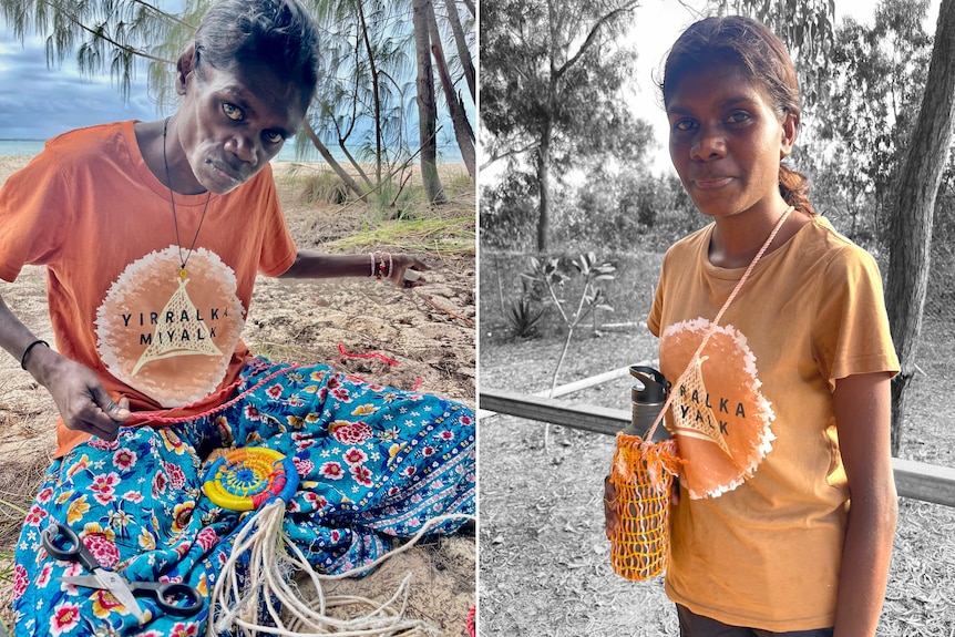 Left, an Indigenous woman weaving with a ghost net. Right, a young girl holding a bottle holder made from a ghost net 