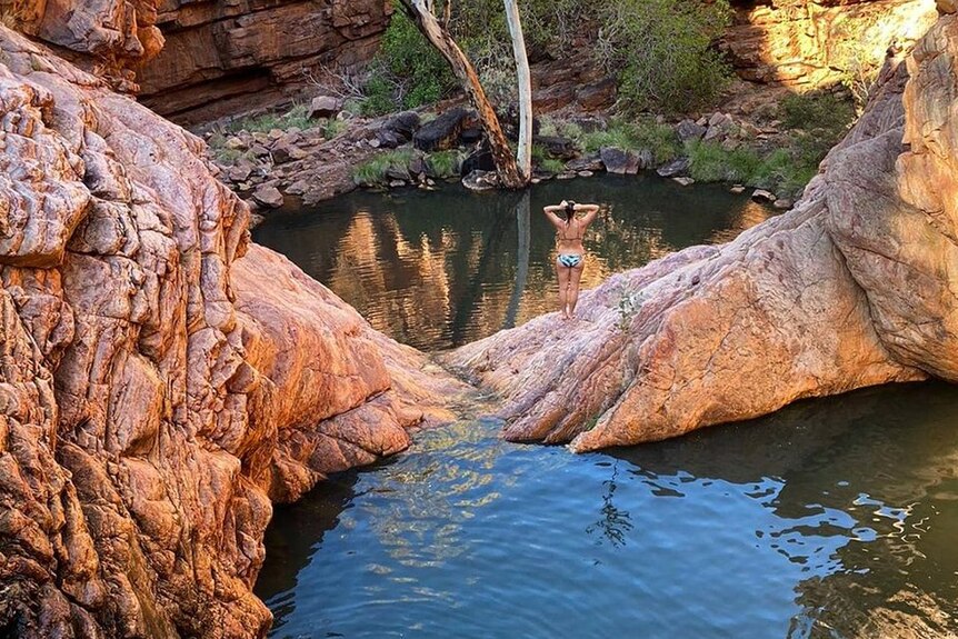 waterhole surrounded by red cliffs and swimmer in foreground.