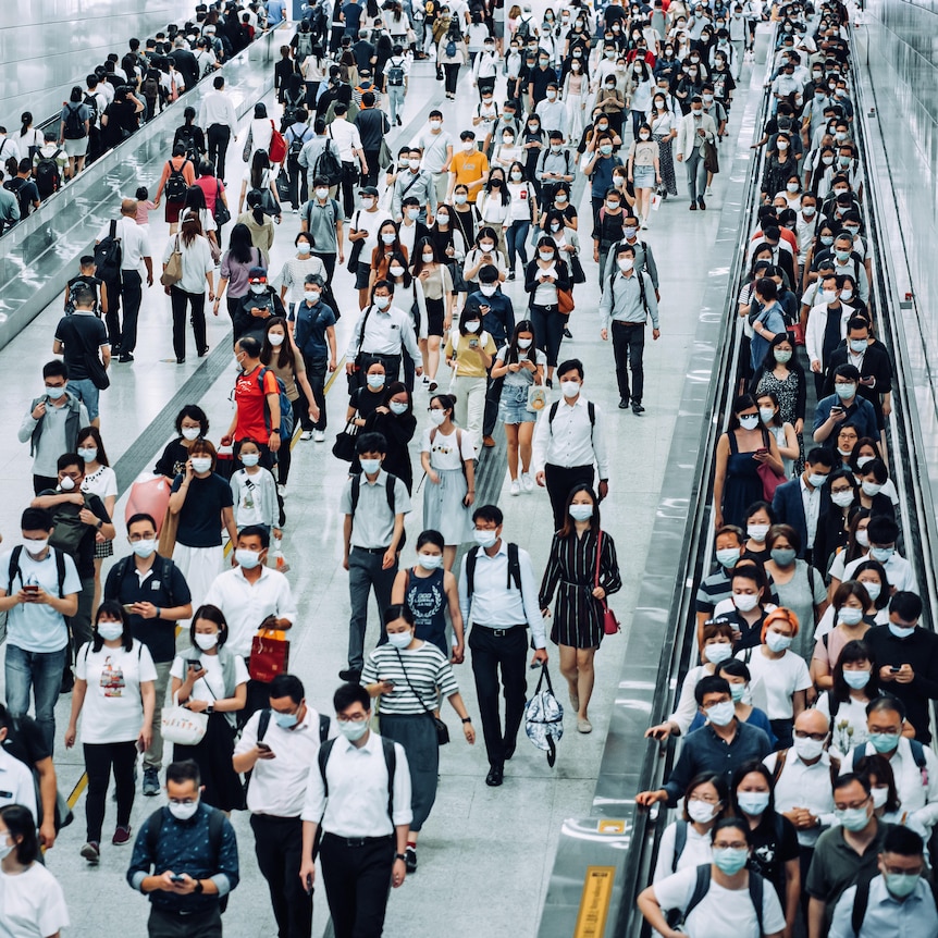 Commuters at peak time in Hong Kong 
