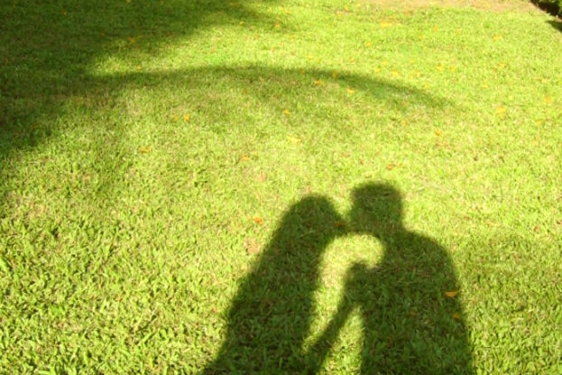 Shadow of couple kissing on green grass backdrop