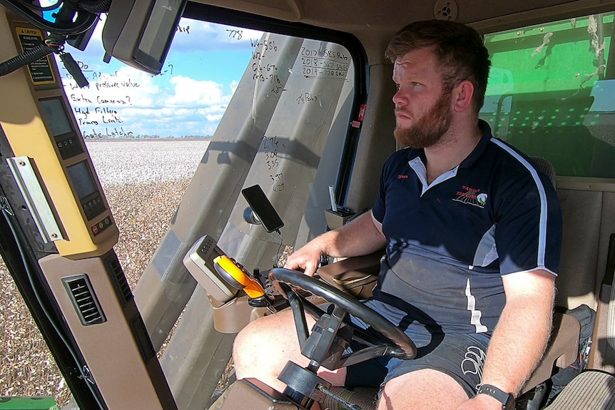 Cotton grower Tyson Armitage inside the cab, operating a cotton picker.