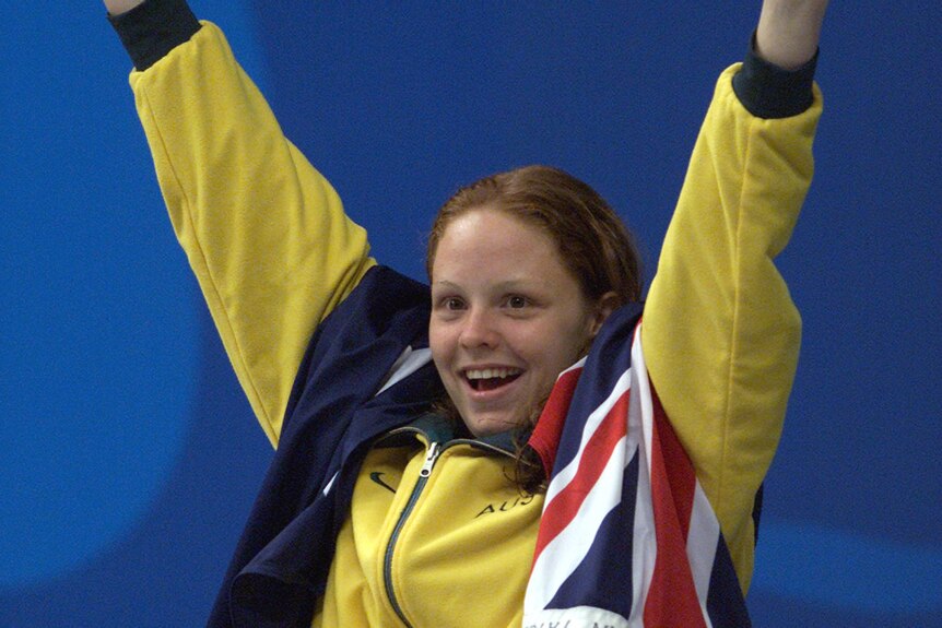 Australia's Siobhan Paton celebrates winning gold in the SM14 200m IM at the Sydney Paralympics.