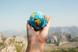 A person holds a palm-sized globe in their hand, for a story about the environmental impact of travel.