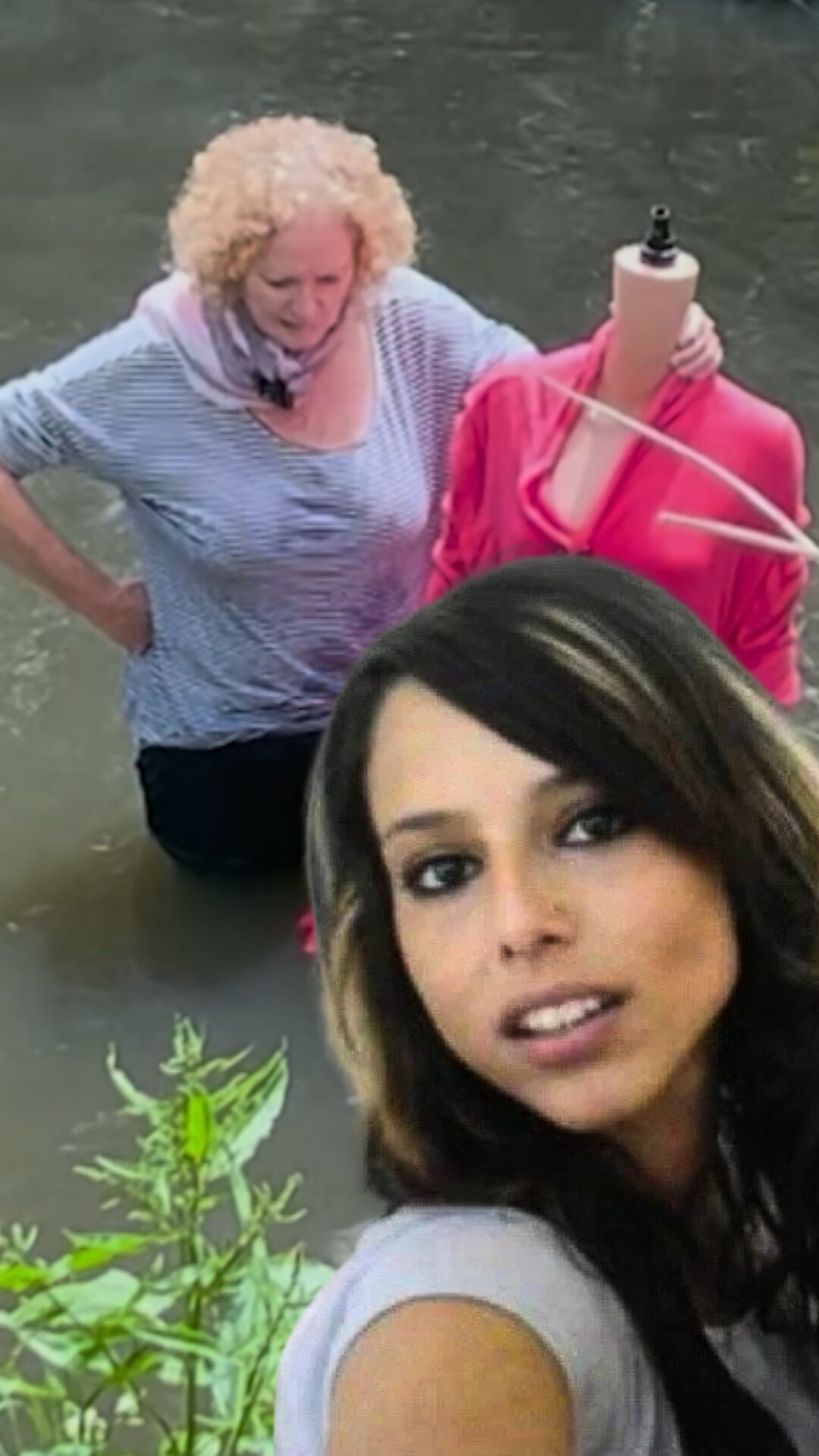A composite of a 24-year-old woman with dark hair, dark eyes. Behind, middle-aged woman holding a mannequin in waist-deep water