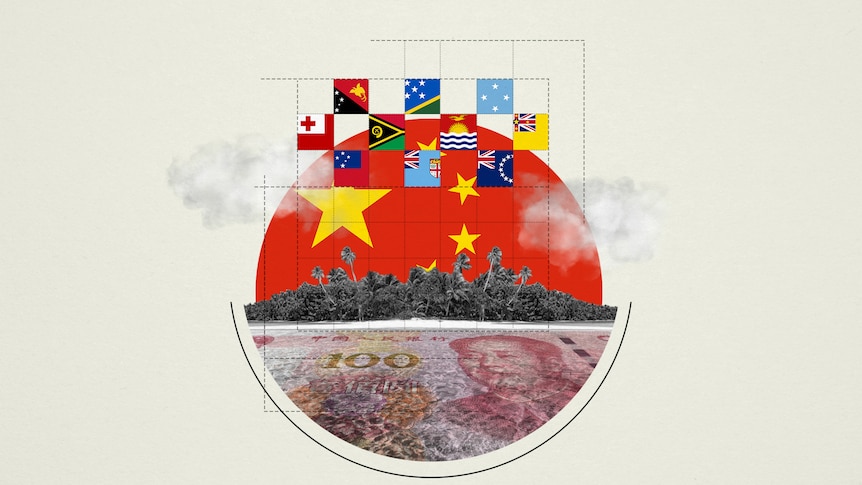 A graphic of 10 Pacific island nation flags with the Chinese flag depicted as the sun and a Chinese banknote on the ocean