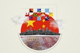 A graphic of 10 Pacific island nation flags with the Chinese flag depicted as the sun and a Chinese banknote on the ocean