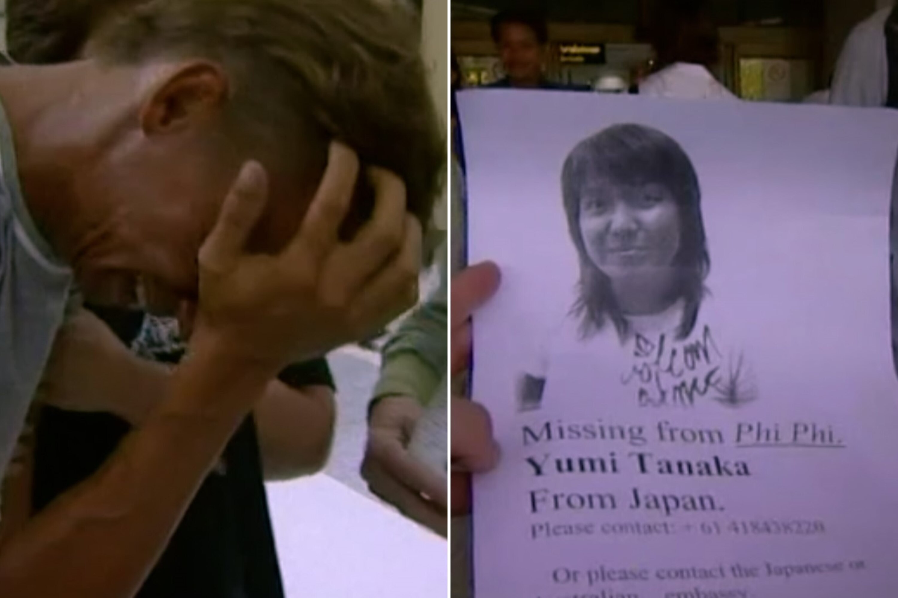 A composite of Damien Kloot clutching his face in grief and a flyer of his missing partner on the right