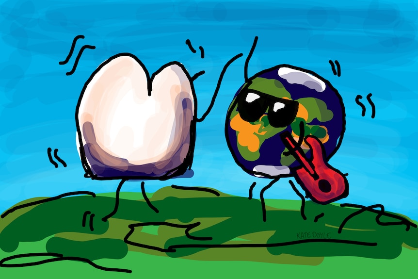 Drawing of a cloud dancing with an equal sized Earth wearing sunglasses and carrying a guitar-Working from home is getting to me