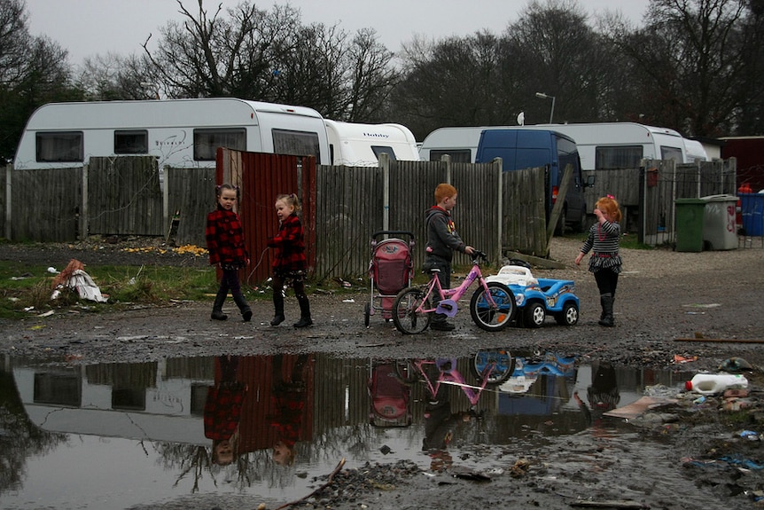 Irish Traveller kids play at the Dale Farm Traveller site