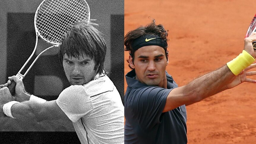 LtoR Jimmy Connors in 1981 and Roger Federer in 2012.