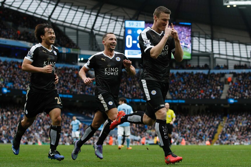 Robert Huth celebrates a goal against Manchester City