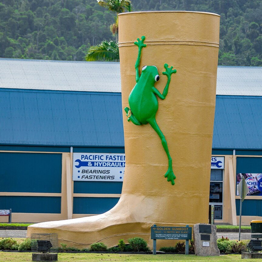 a large monument of a gum boot with a large green tree frog scaling the side