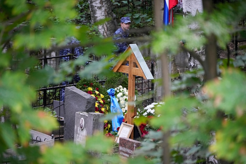 Flowers grave Wagner Yevgeny Prigozhin after funeral